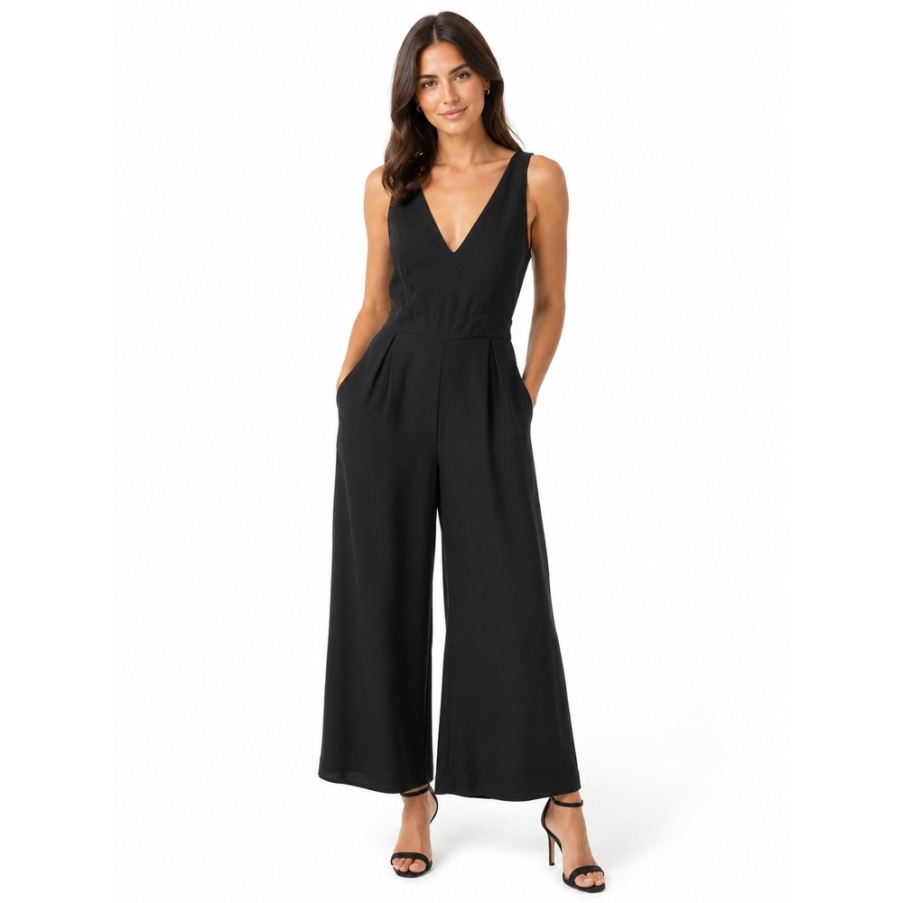 Frank & Oak Black Wide Leg V-Neck Jumpsuit Sleeveless Small